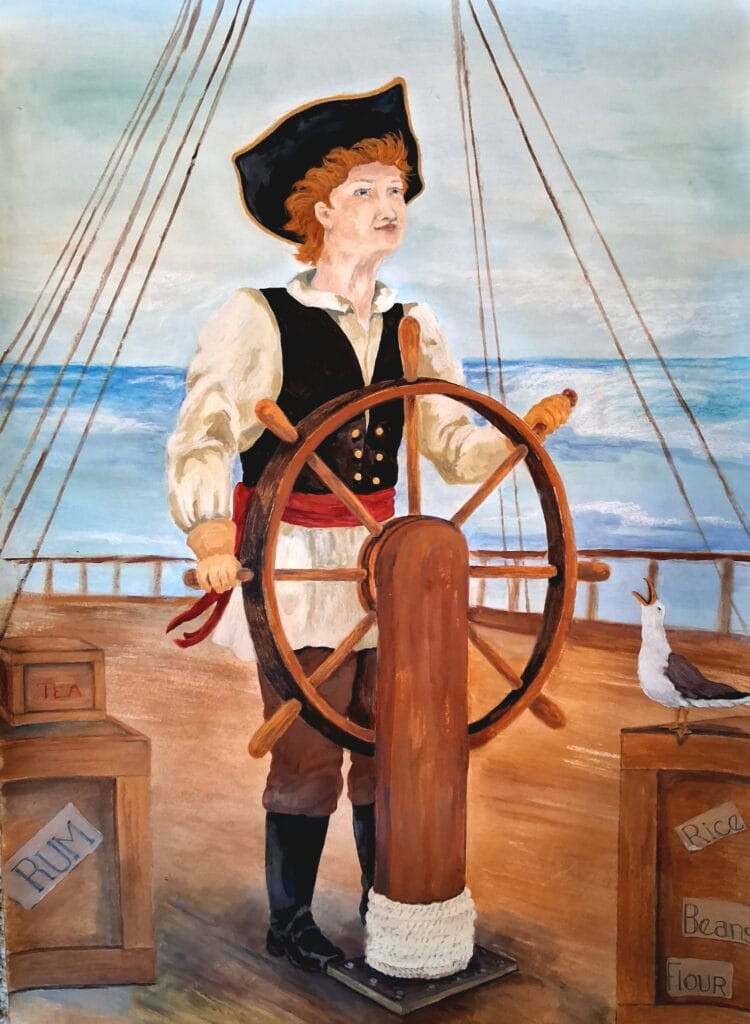 Painting of a clean-shaven ship Captain standing at the ship's wheel